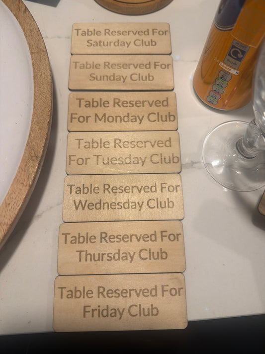 Personalised Table Reservation Signs – Days of the Week Set (Laser-Engraved) and stand